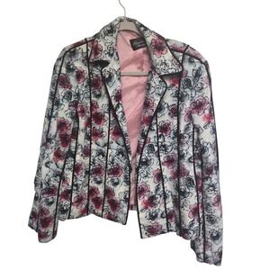 Giancarlo Ferrari Womens Floral Blazer Jacket Pink White Black Trim Cropped